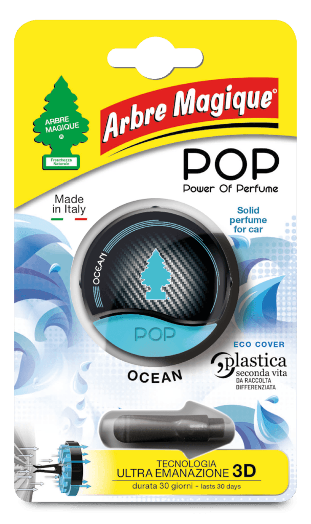 Arbre Magique Pop Ocean - Предна страна на опаковката с модерен дизайн, изобразяваща океански мотиви и ароматни нотки на бяла праскова, жасмин и роза.