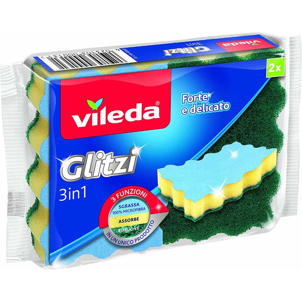 Опаковка на Vileda Spugna Glitzi 3in1 с лого и основна информация.