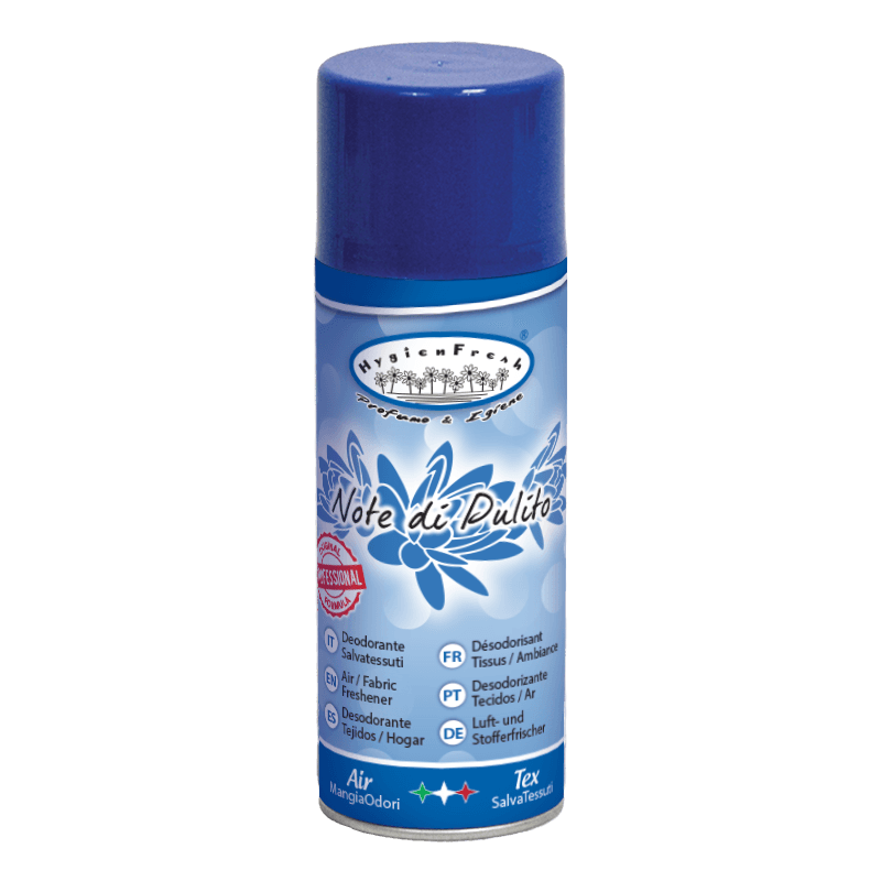 Опаковка и преден изглед на DeoSpray Note di Pulito - 400 ml | Дезодориращ спрей с аромат на свежо пране