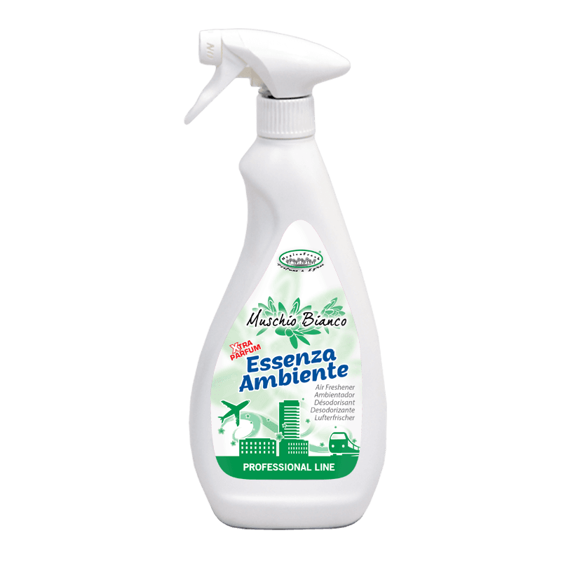 Опаковка и преден изглед на Air Essence - Muschio Bianco - 750 ml | Многофункционален ароматизиран препарат за прах и ароматерапия