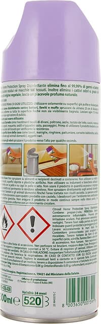 Гръб на опаковката на Citrosil Home Protection Spray , показваща инструкции за употреба и състав.