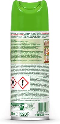 Гръб на опаковката на Citrosil Home Protection Spray Disinfettante, показваща инструкции за употреба и състав.