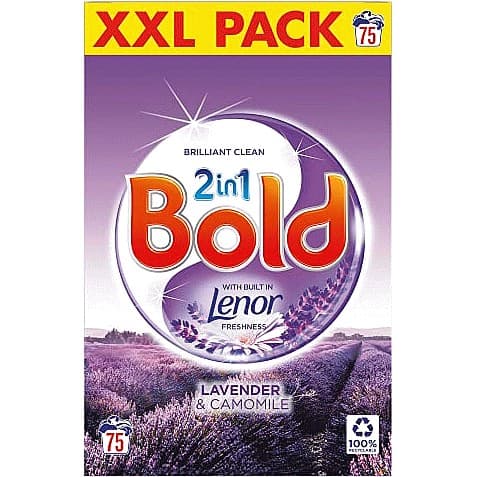 „Кутия Bold 2 in 1 Lavender & Camomile 4,875 кг – аромат на лавандула и лайка“.

„Етикетът показва ‘75 Washes’, био-формула без фосфати, с аромат на възстановяваща релаксация“.

