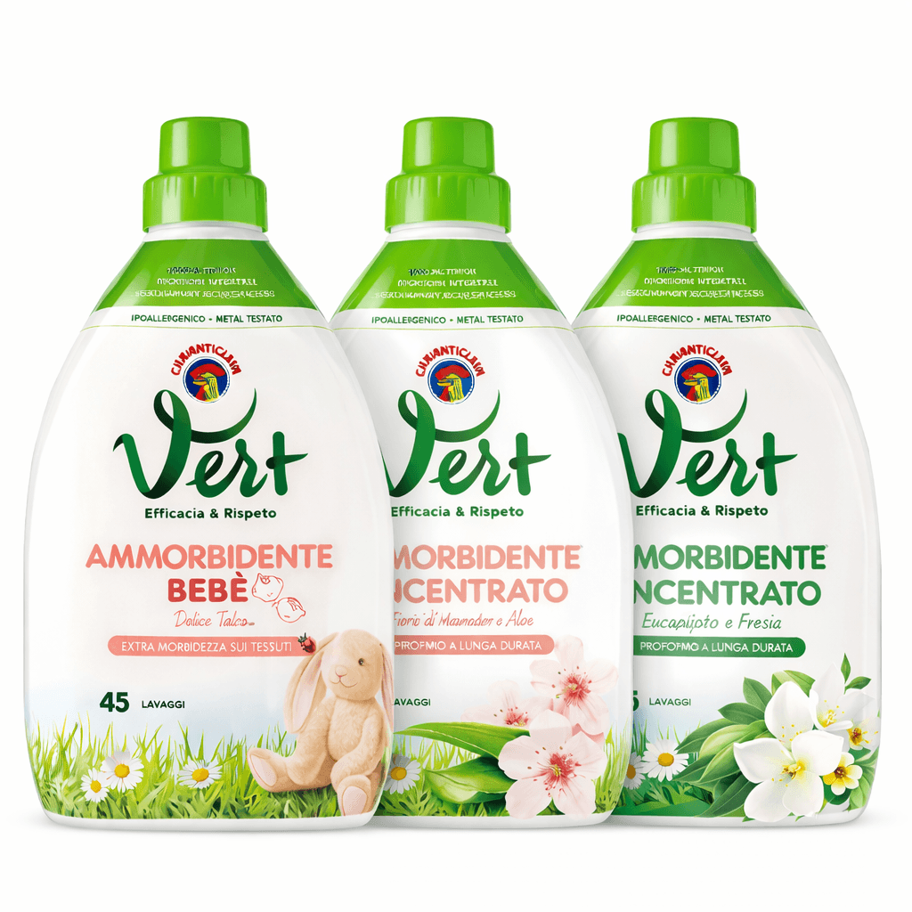 "Vert Омекотители за Детски Дрехи – Dolce Talco, Alla Mandorla и Eucalipto e Fresia – Преден изглед на опаковката с аромати сладък талк, бадем и евкалипт и фрезия."