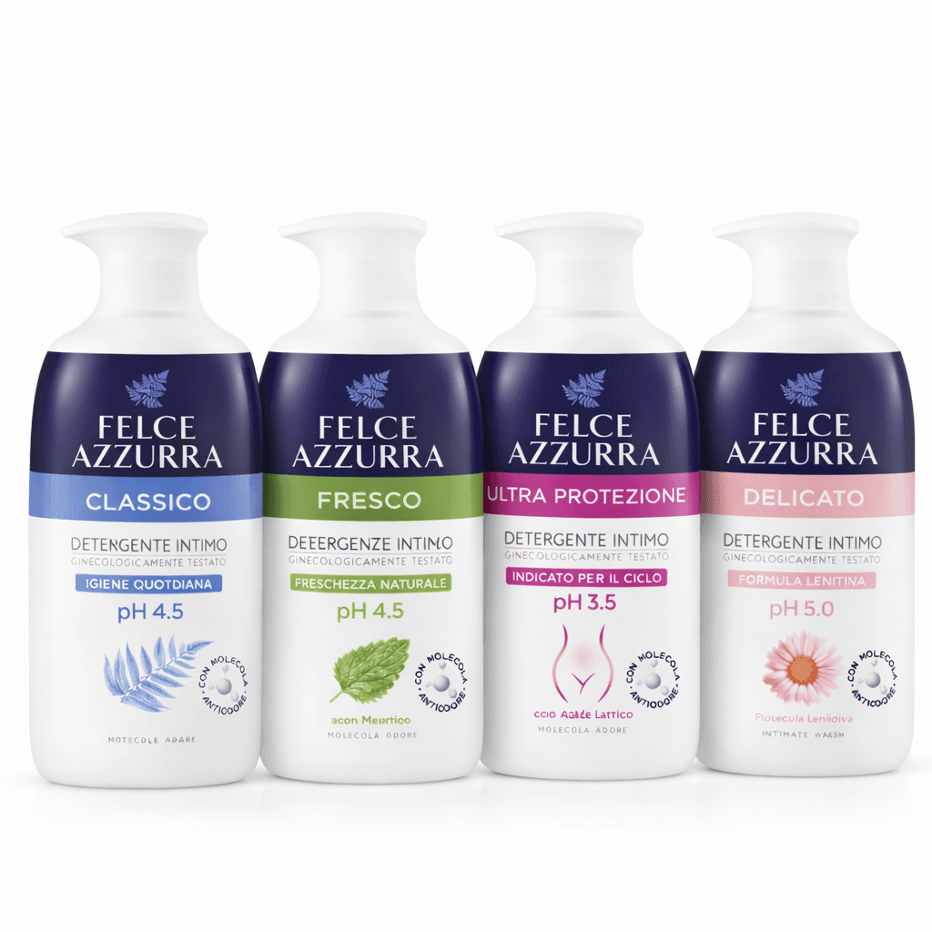 Felce Azzurra Intimo Classico – 250 мл – Класическа грижа за интимна хигиена,  Felce Azzurra Intimo Fresco – 250 мл – Освежаваща формула с ментол, Felce Azzurra Intimo Delicato – 250 мл – Нежен душ-гел за деликатна кожа, Felce Azzurra Intimo Ultra Protezi