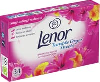 Опаковка на Lenor Sparkling Bloom Dryer Sheets – 34 бр., с дизайн, подчертаващ флоралния аромат.