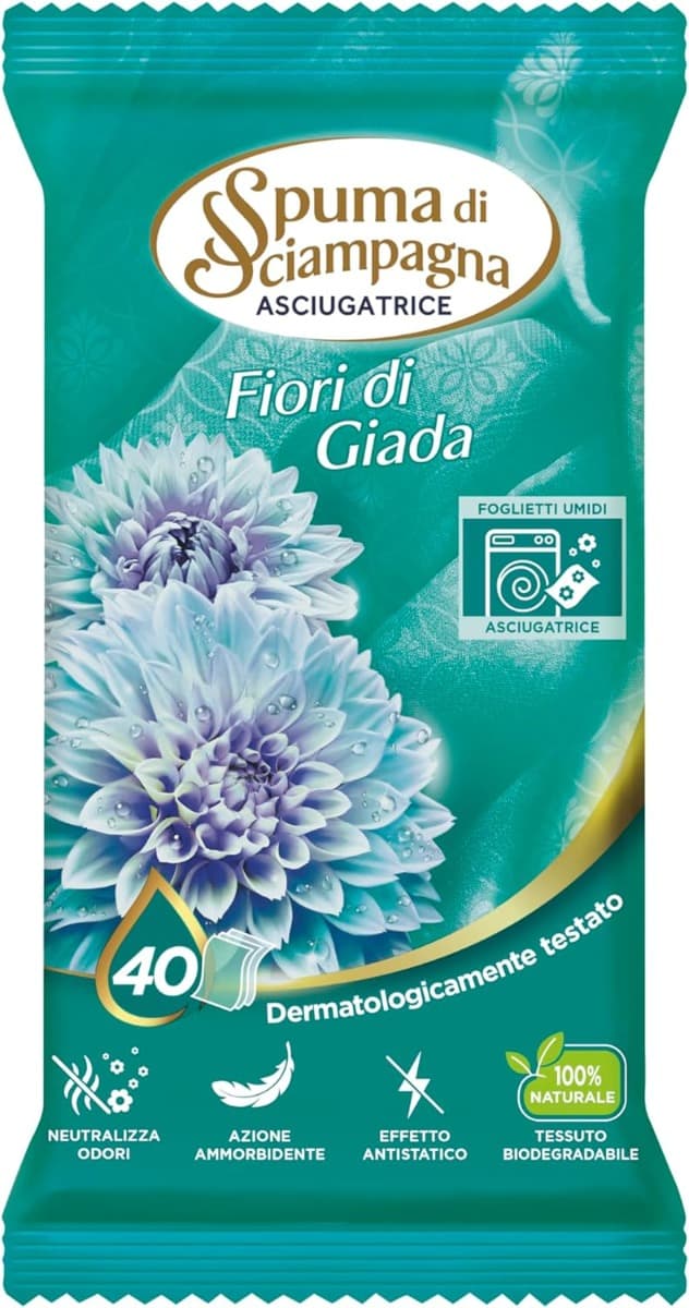 Опаковка на Spuma di Sciampagna Fiori di Giada – 40 бр., с изображение на кърпички и флорални мотиви.