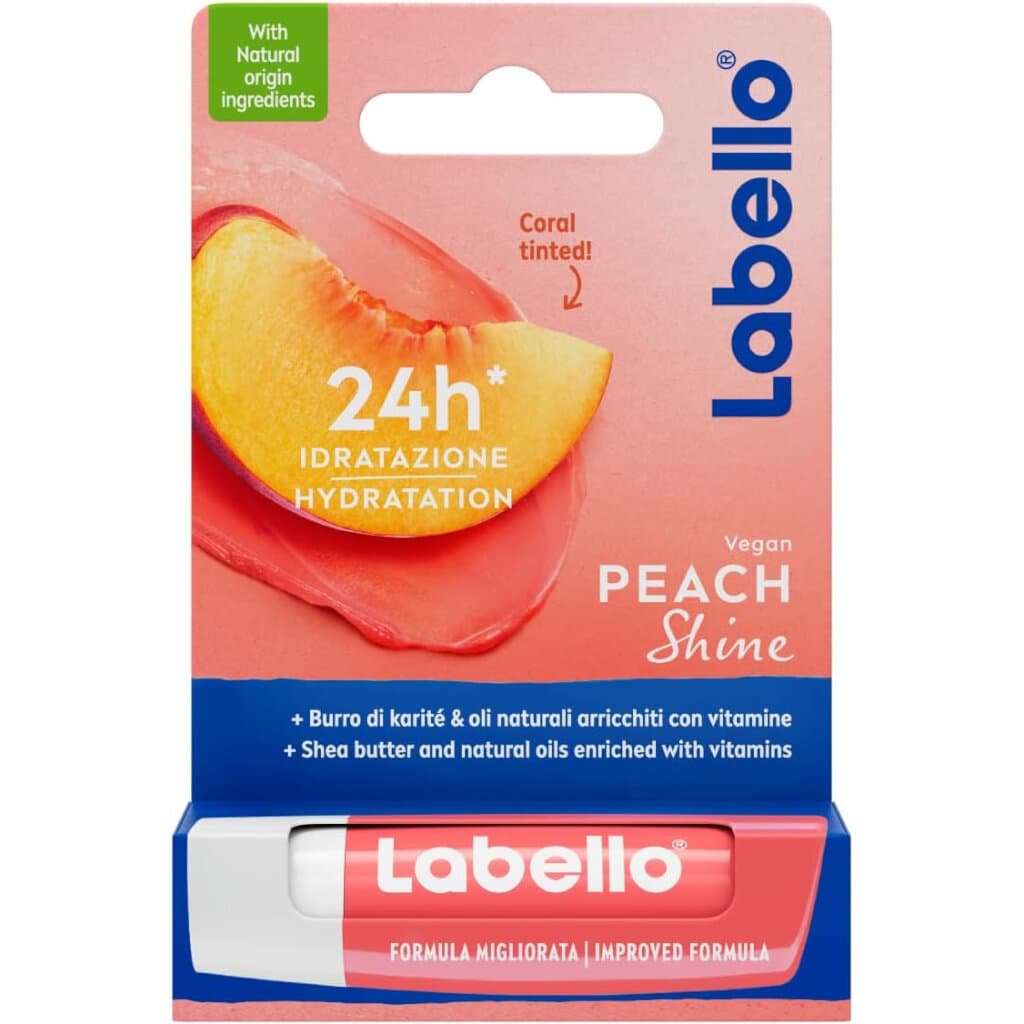 Опаковка на Labello Peach Shine, показваща продукта с прасковен дизайн.