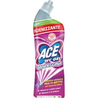 Опаковка на ACE WC Gel Candeggina (700 мл), показваща продукта с извит накрайник и акценти върху белината и дезинфекциращите свойства.