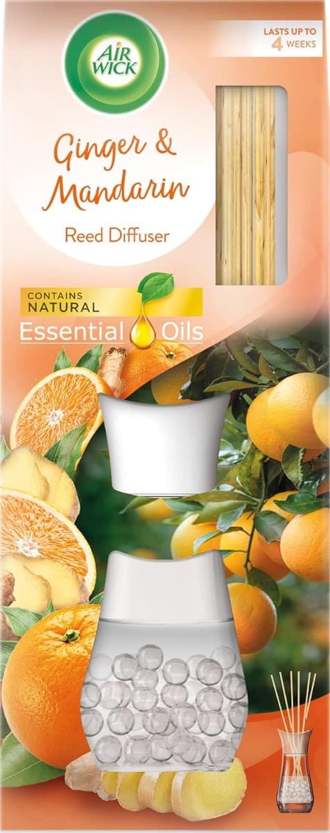 Air Wick Reed Diffuser Ginger & Mandarin – ароматен дифузер със стикове, предна опаковка“