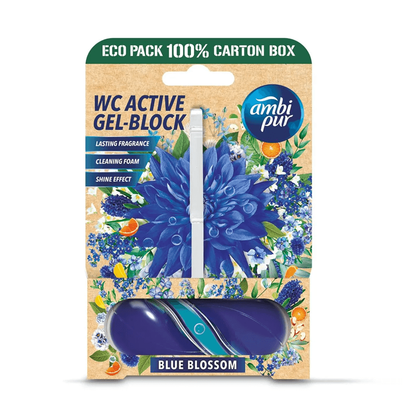 Опаковка на Ambi Pur WC Active Gel Block – Сини Цветя

