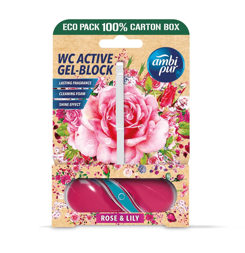 Опаковка на Ambi Pur WC Active Gel Block – Роза и Лилия


