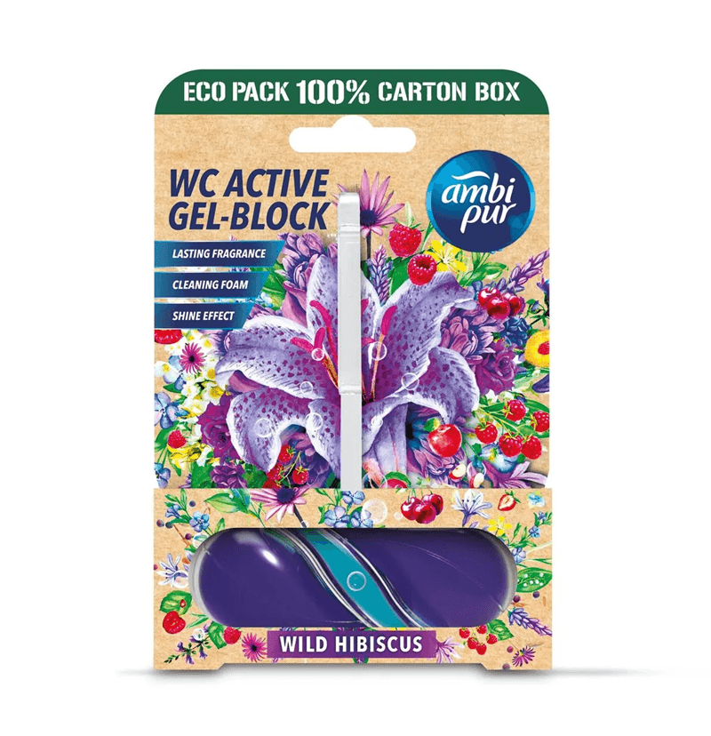 Опаковка на Ambi Pur WC Active Gel Block – Див Хибискус

