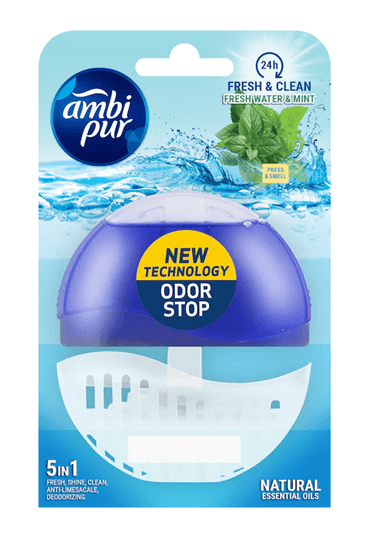Ambi Pur WC Block Fresh Water & Mint – Odor Stop, 5-в-1 (предна страна)