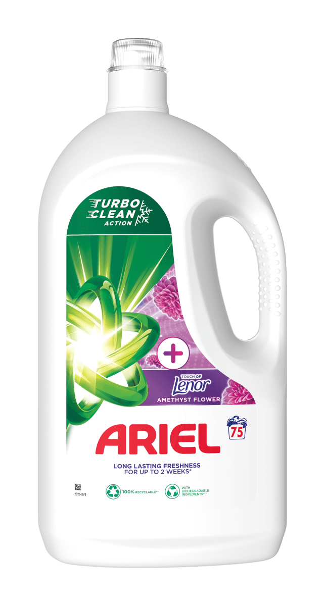 Ariel + Touch of Lenor Amethyst Flower – бутилка 3.75 L, 75 пранета (предна страна)