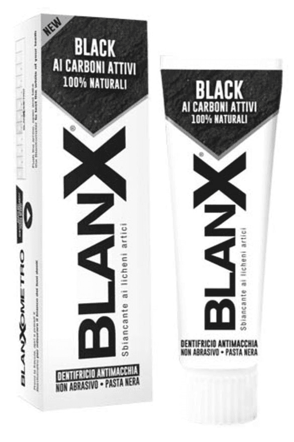 "BlanX Black Charcoal Whitening Паста за зъби – туба 75 мл, предна страна"​

