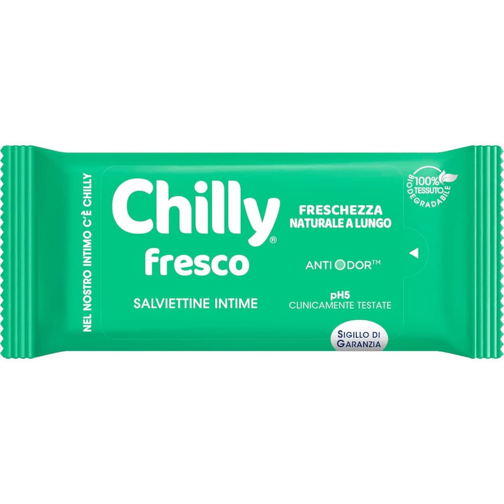 "Chilly Fresco Интимни кърпички – опаковка 12 броя, предна страна"​


