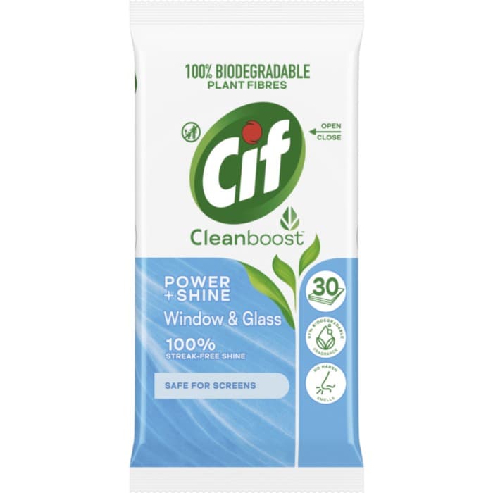Cif Cleanboost Power & Shine – мокри кърпички за стъкло и екрани, 30 бр., предна страна