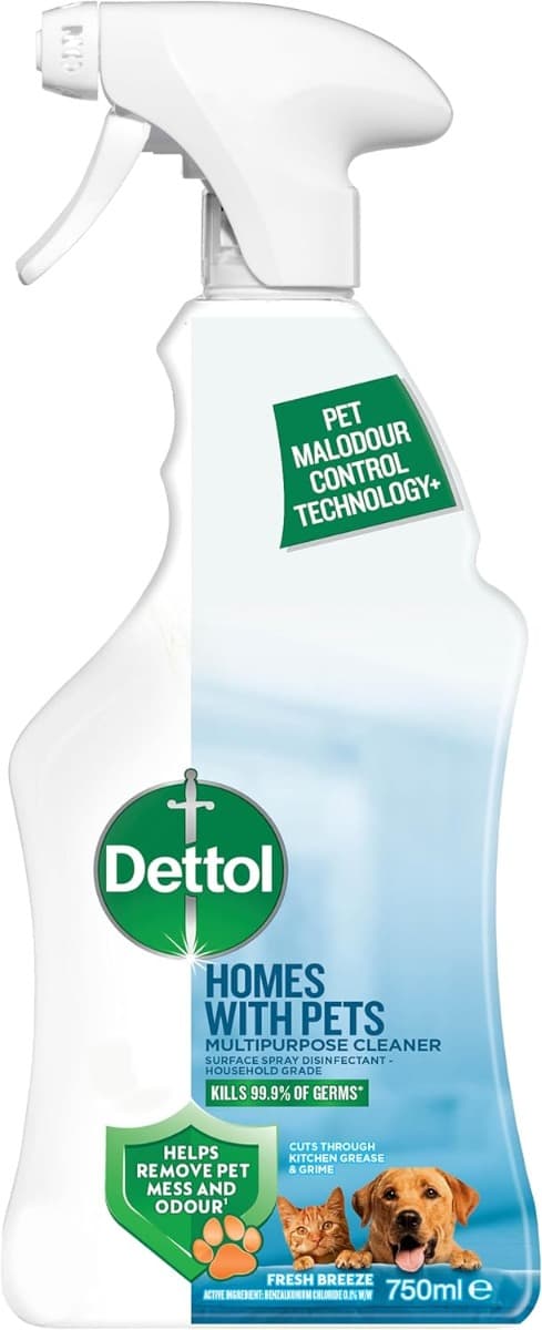 Dettol Homes with Pets – мултифункционален спрей за домове с домашни любимци, бутилка отпред.