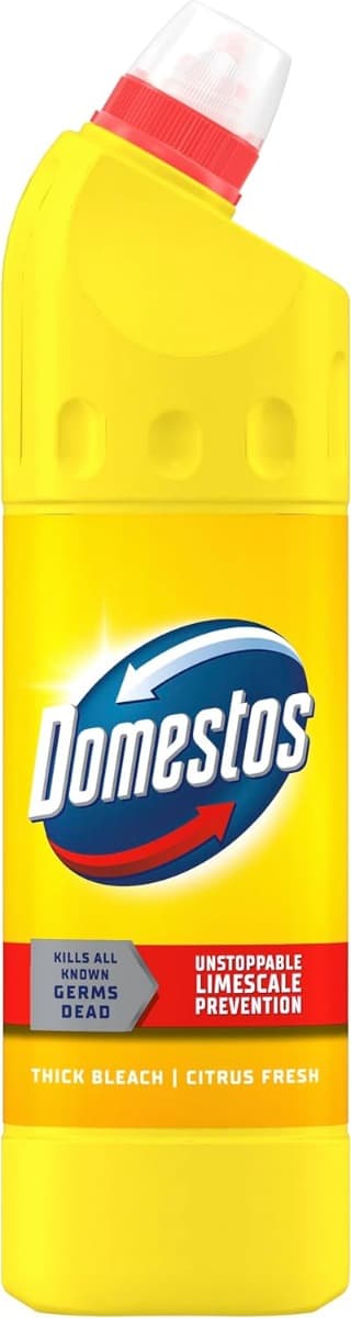 Domestos Thick Bleach Citrus Fresh – бутилка 750 мл, жълта с дюза за прецизно нанасяне под ръба