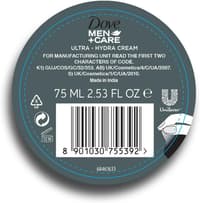 Dove Men+Care Ultra Hydra Cream – етикет със състав/инструкции (заден изглед)