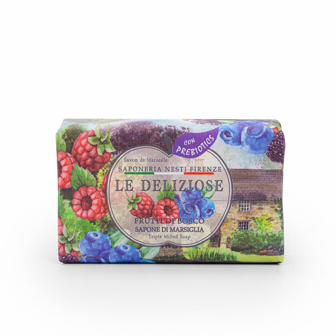 Опаковка и преден изглед на Nesti Dante Le Deliziose Frutti di Bosco Sapone Solido - 150g | Натурален сапун с горски плодове и пробиотици 