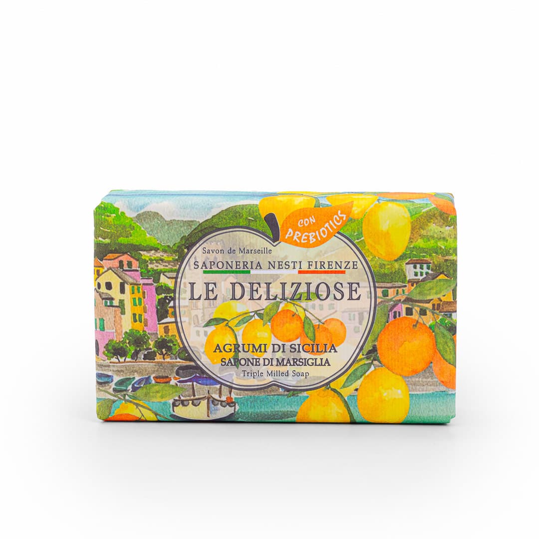 Опаковка и преден изглед на Nesti Dante Le Deliziose Agrumi di Sicilia Sapone Solido - 150g | Натурален сапун с цитруси от Сицилия