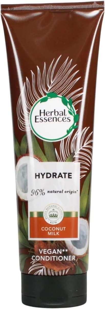 Опаковка на Herbal Essences Hydrate Coconut Conditioner (275 мл) с визуален акцент върху естествения кокос и интензивната хидратация.