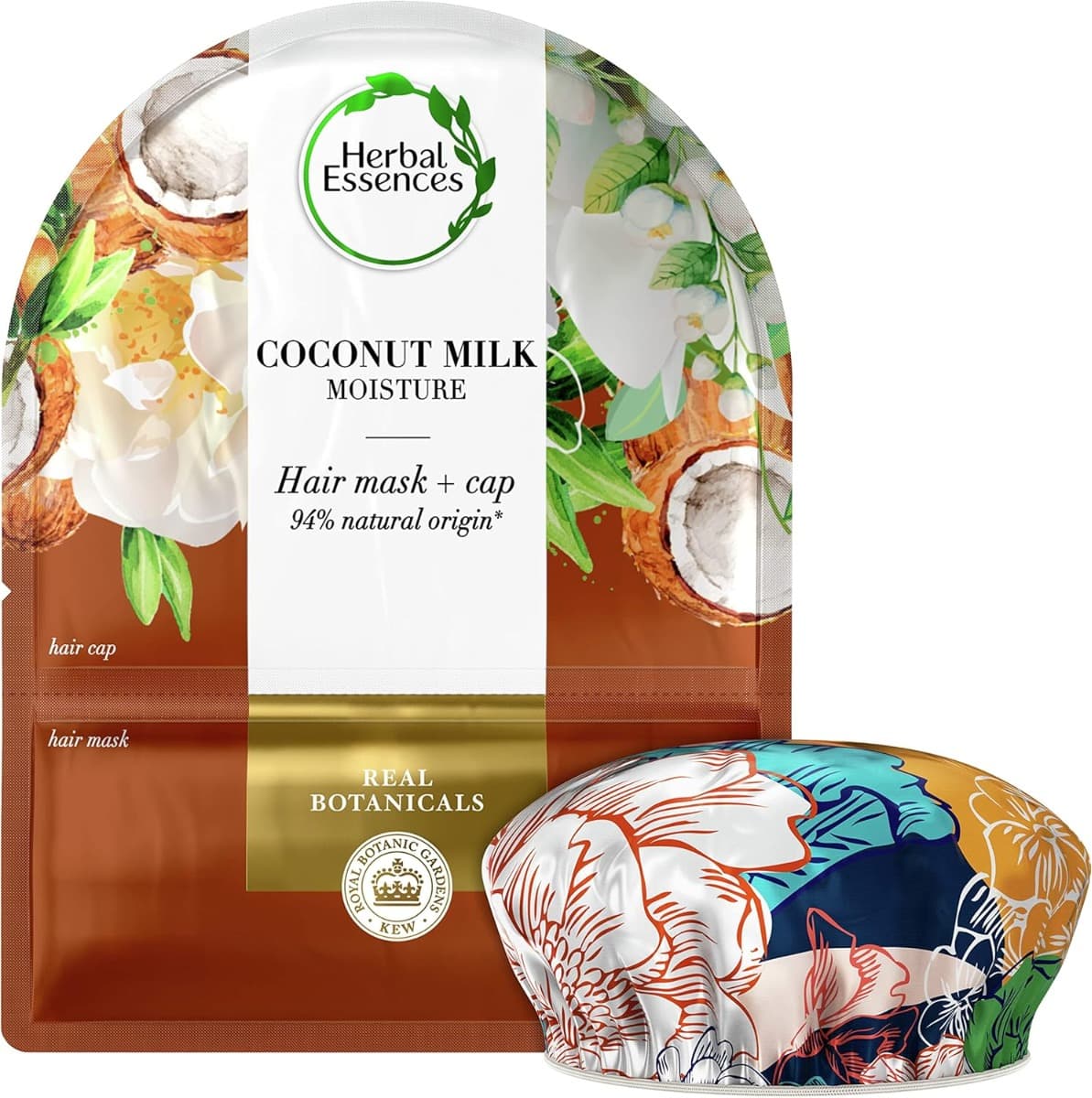 Опаковка на Herbal Essences Coconut Milk Hydrate Hair Mask Cap с шапка, акцентираща върху кокосовото мляко и интензивната грижа.