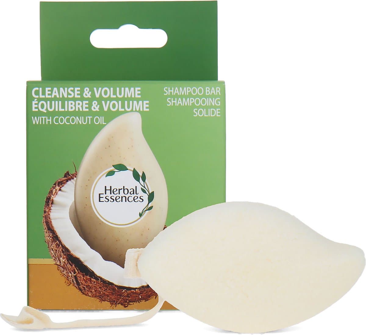 Опаковка на Herbal Essences Cleanse & Volume Coconut Oil Shampoo Bar, показваща компактната форма и екологичен дизайн с кокосово масло.