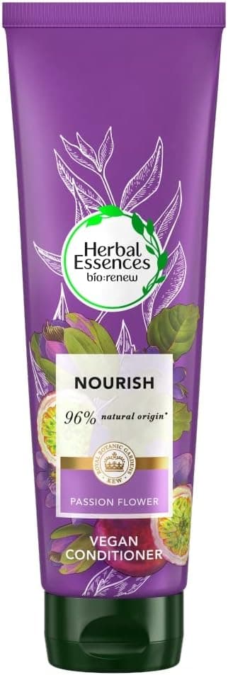 Опаковка на Herbal Essences Bio:Renew Nourish Passion Flower Conditioner (275 мл), с визуален акцент върху цветя и веган формулата.