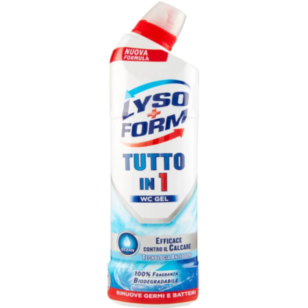 Опаковка на Lysoform WC Gel Tutto in 1 Ocean (750 мл), показваща продукта и акцентираща върху 6-в-1 действията и океанския аромат.