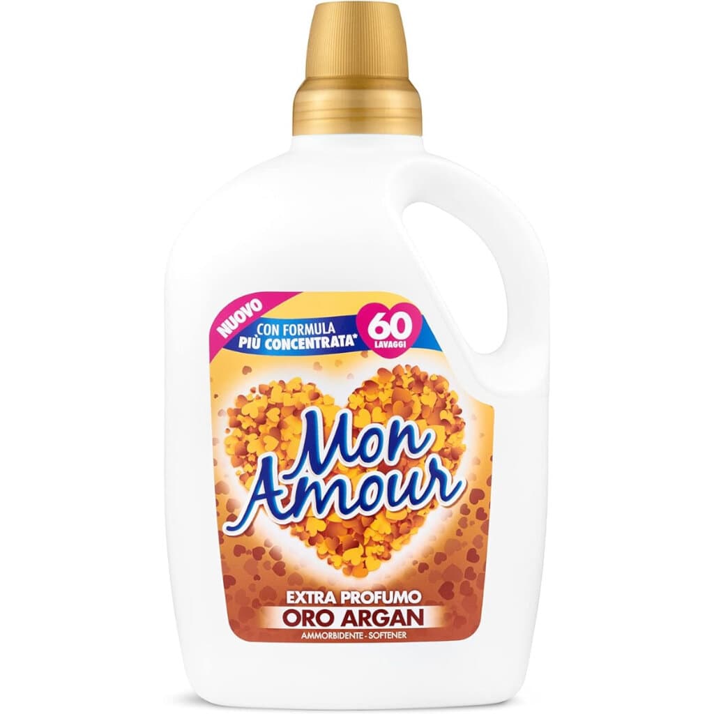 Опаковка и преден изглед на Mon Amour Ammorbidente Oro Argan 60 Lavaggi 3 л | Концентриран Омекотител с Дълготраен Аромат на Арган