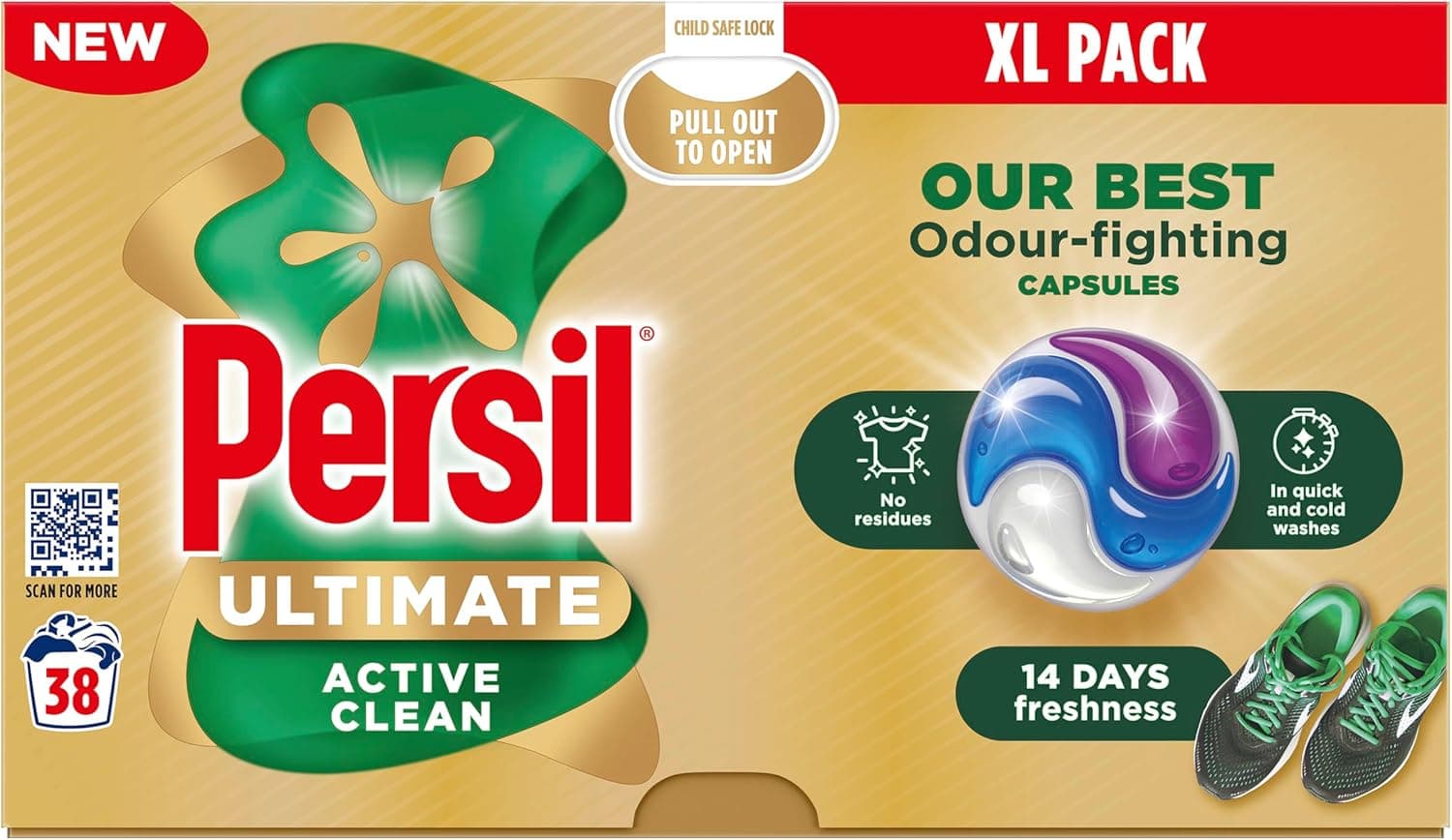 Persil Ultimate Active Clean капсули за пране – 38 пранета, опаковка отпред

