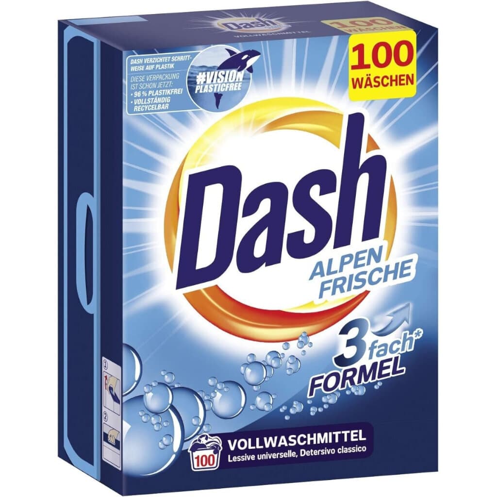 Dash Alpen Frische Pulver – 100 пранета – Предна част на опаковката с информация за продукта.