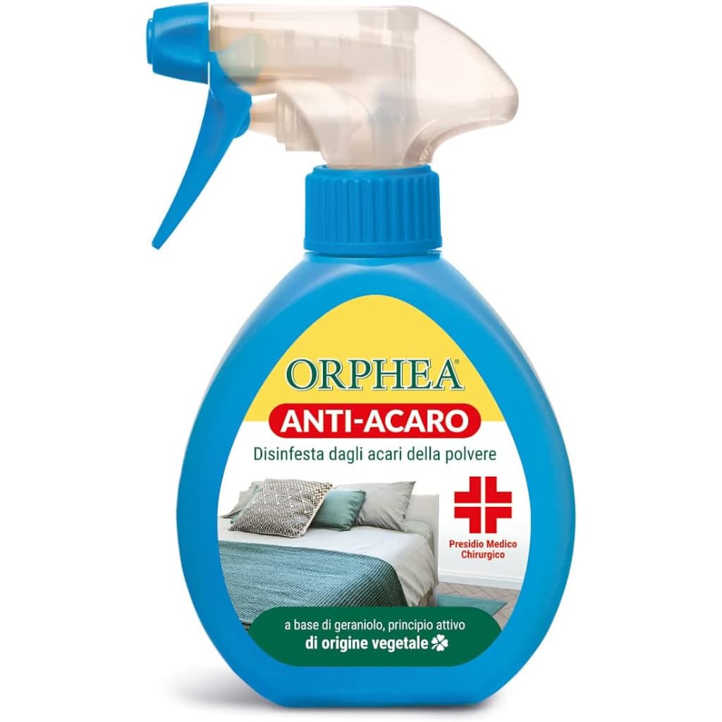 Опаковка на Orphea Dust Mite Killer Spray с основна информация и лого.
