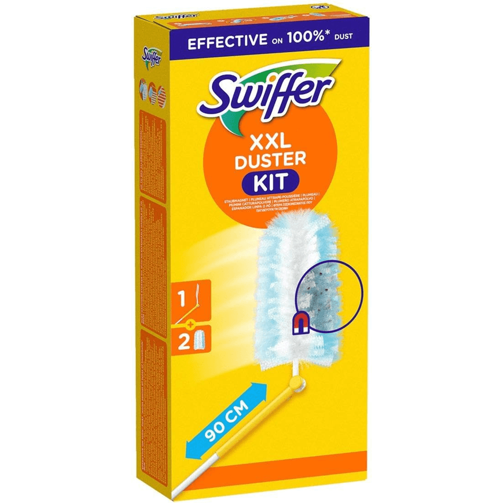 Swiffer Kit Cattura Polvere – предна опаковка на комплект за почистване на прах с дръжка и пухчета.