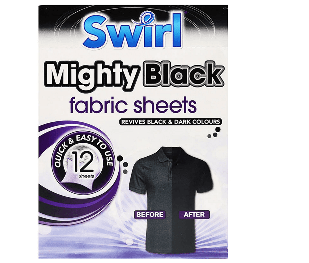 Swirl Mighty Black Fabric Sheets front: Опаковка Mighty Black Fabric Sheets – 12 листа

