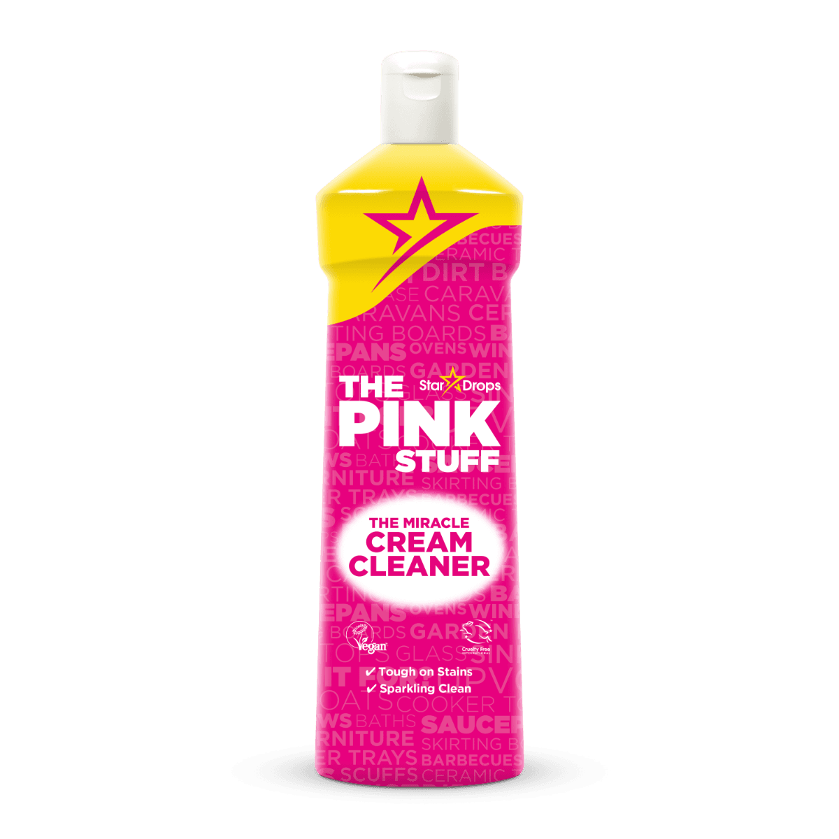 Бутилка на The Pink Stuff Miracle Cream Cleaner (500 мл), демонстрираща ефективността за почистване и полиране.