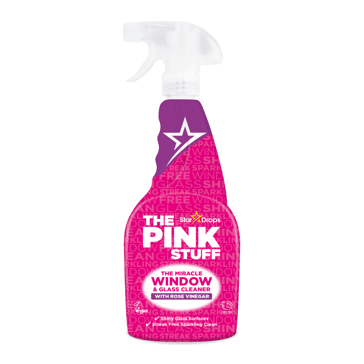 Бутилка The Pink Stuff Window & Glass Cleaner with Rose Vinegar – почистващ препарат за прозорци и стъкло, 750 мл – предна страна с информация за продукта.