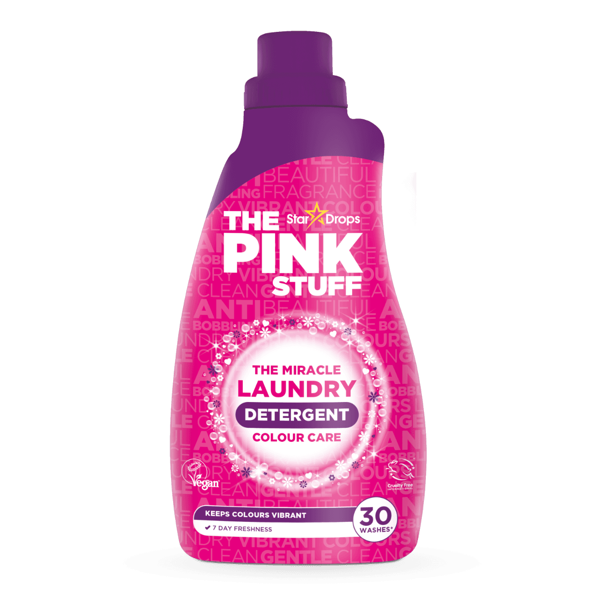 Бутилка на The Pink Stuff Miracle Laundry Colour Care Liquid (960 мл), подчертаваща грижа за цветовете и премахване на петна.