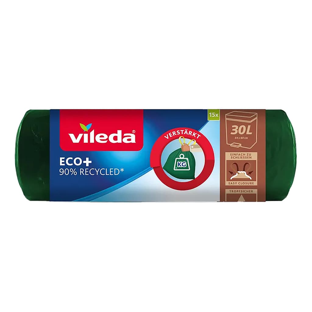Vileda ECO+ торби за смет 30 литра от 90% рециклиран материал с връзки – 15 броя