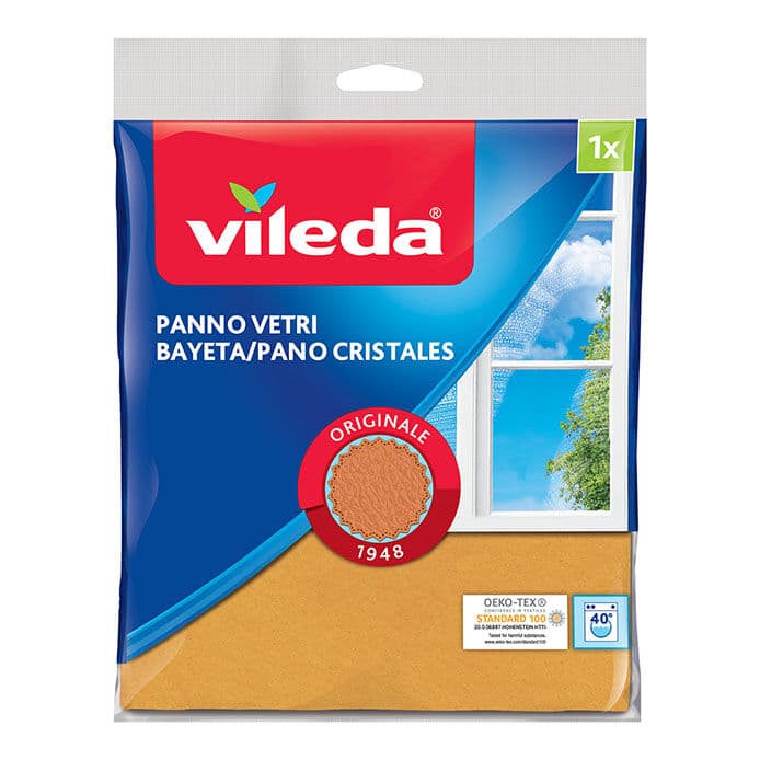 Vileda Panno Actifibre Vetri – предна опаковка на микрофибърната кърпа за стъкла с технология Actifibre.