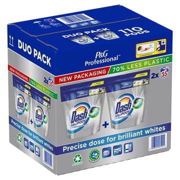 Опаковка на Dash Classic All-in-1 Pods Professional, показваща броя капсули и указваща професионалната формула.