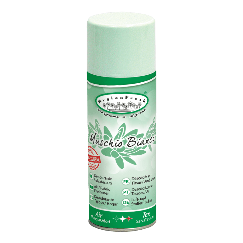 Опаковка и преден изглед на DeoSpray Muschio Bianco - 400 ml | Дезодориращ спрей с аромат на бял мускус