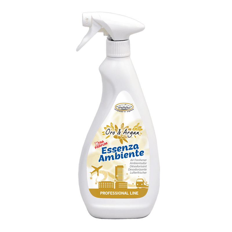 Опаковка и преден изглед на Air Essence - Oro & Argan - 750 ml | Многофункционален ароматизиран препарат за прахоулавяне и ароматерапия