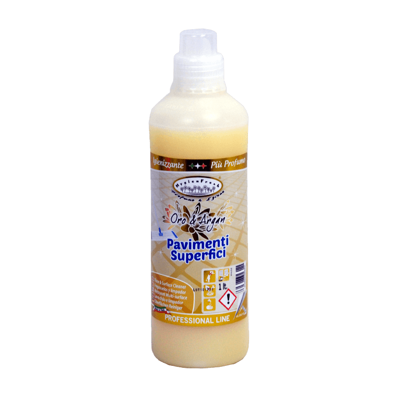 Опаковка и преден изглед на Floor & Surfaces - Oro & Argan - 1 л | Професионален ароматизиран почистващ препарат