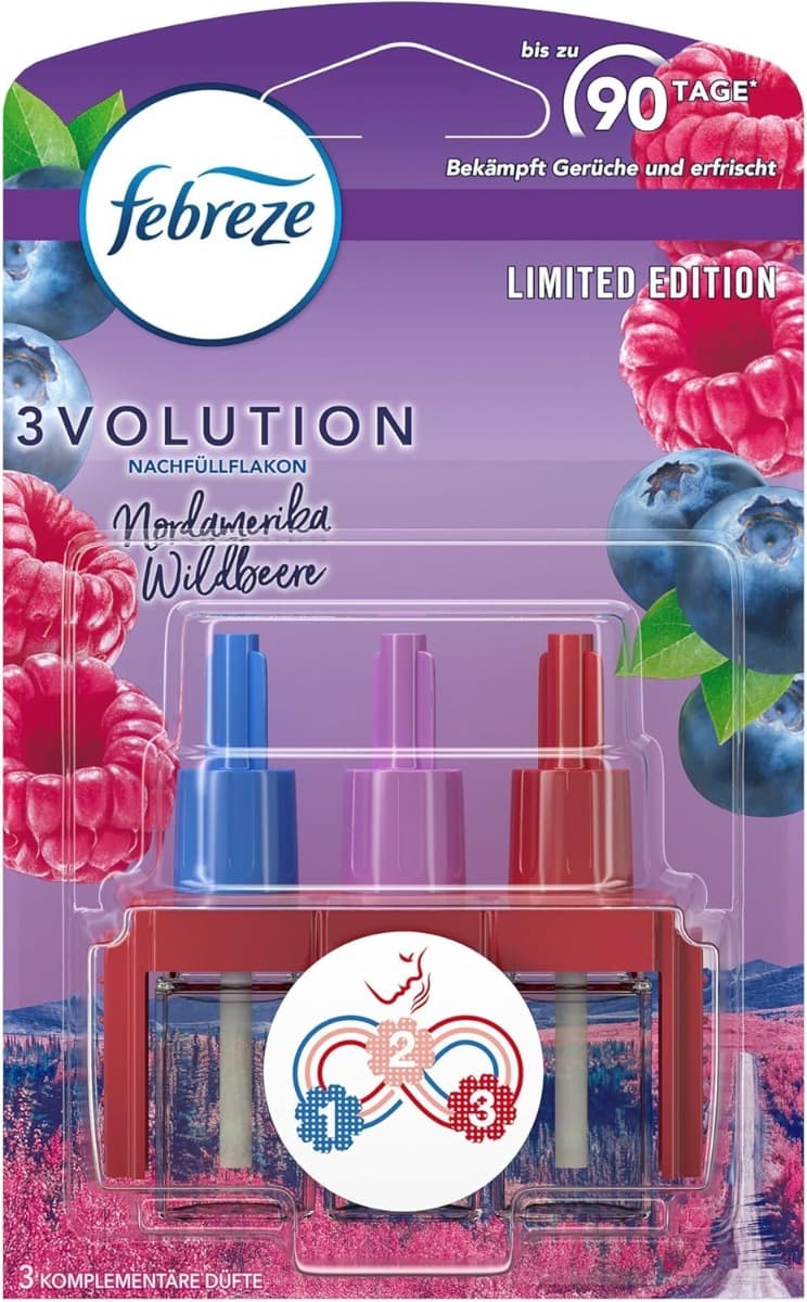 Febreze 3Volution Wild Berries – 20 мл, резервен пълнител с плодови и цветни изображения.