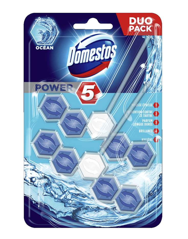 Domestos Power 5 Ocean Duo rim block 2 × 55 г – предна опаковка
