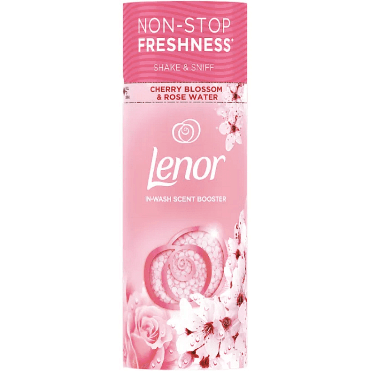 Опаковка на Lenor Cherry Blossom & Rose Water Scent Booster – 155 г, с деликатен флорален дизайн.